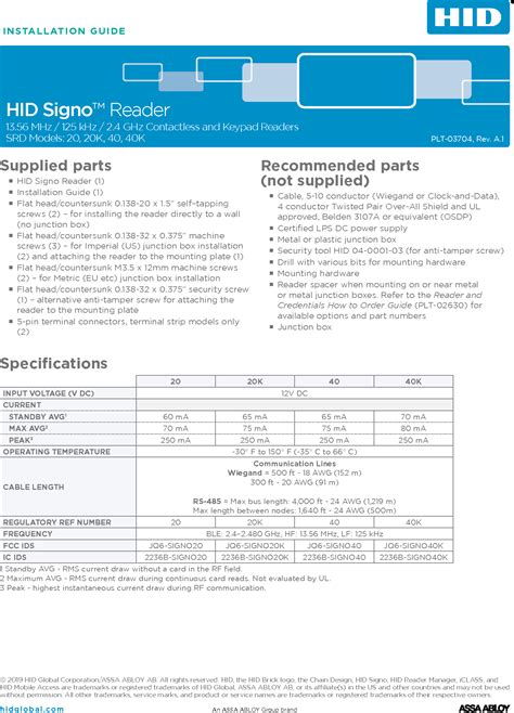 HID Signo Readers Datasheet. . Hid signo reader 20 datasheet